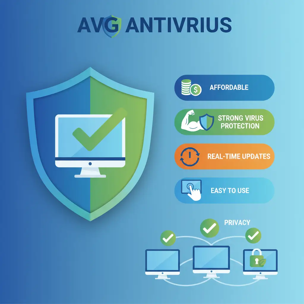 Infographic illustrating AVG Antivirus features that provide affordable and effective protection for budget-conscious home users