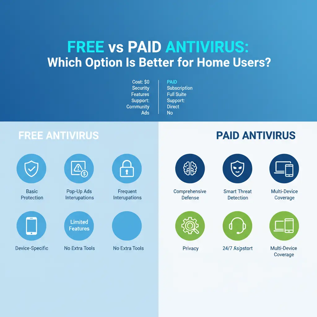 Infographic comparison of free versus paid virus protection software features and benefits for home computer users